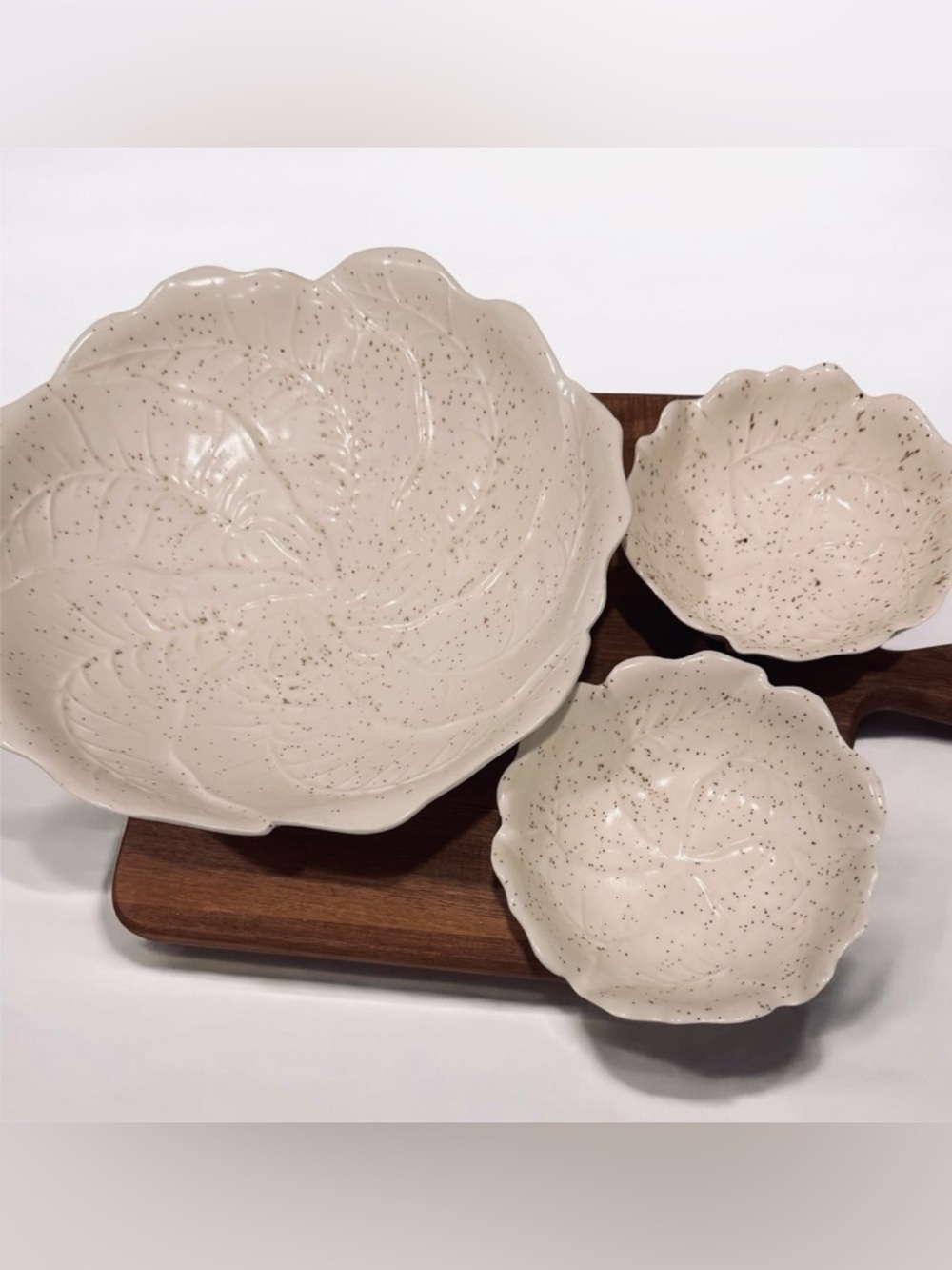 Vintage Ceramic Cabbage Leaf Salad Bowl Serving Set Of 3 Speckled Cream & Brown